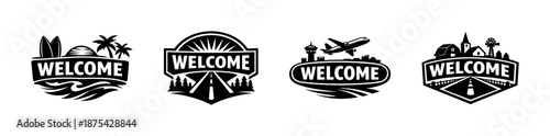 Welcome vector icons set with travel and adventure themes, four unique designs