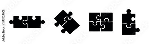 Puzzle pieces vector icons set. solid black jigsaw shapes. game, connection, logic symbols