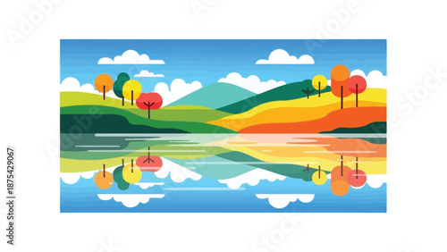 Serene landscape featuring a lake with vibrant trees and colorful hills under a blue sky with white clouds reflecting on the water's surface in a peaceful atmosphere.
