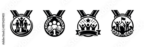 Award medal vector icons set: achievement, victory, champion, recognition symbols