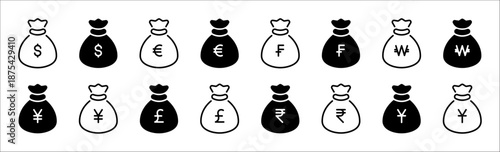 Money bag black line icon set. Currency sign. Dollar, euro, franc, won, yuan, yen, rupee, pound symbol. Finance, savings, economy. Editable stroke. Vector illustration. Isolated on a white background.