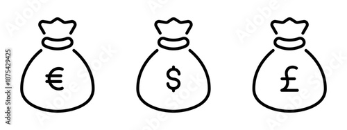 Money bag black line icon set. Currency sign. Euro, dollar, pound sterling symbol. Finance, savings, economy concept. Editable stroke. Vector illustration. Isolated on a white or PNG background.