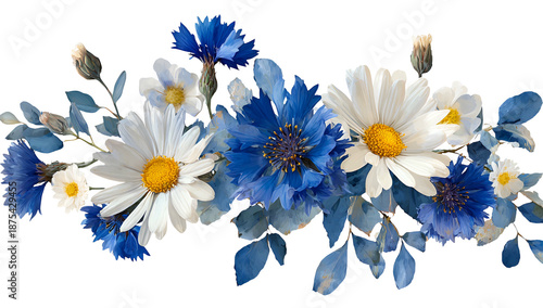 Floral garland composed of daisies, cornflowers, and foliage, against a transparent background