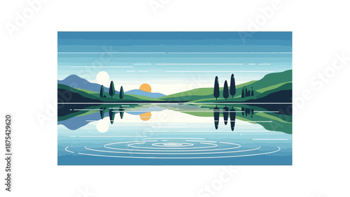 Serene lake landscape with calm water and vibrant sun reflecting beautifully on the surface surrounded by lush green hills and trees