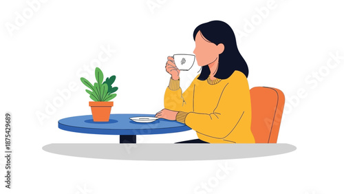 Woman in a bright yellow sweater enjoying a warm beverage while seated next to a potted plant at a small blue table during a quiet moment of reflection.