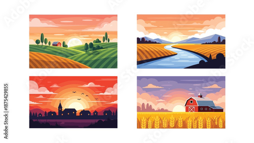 Serene rural landscapes featuring red barns and picturesque farmland scenes at sunset with rolling hills and fields