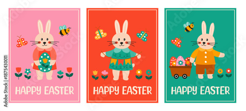 Bunnies with Easter eggs and flowers in colorful backgrounds during the spring season in a festive setting.   Happy Easter cards collection in hand drawn modern folk style. 