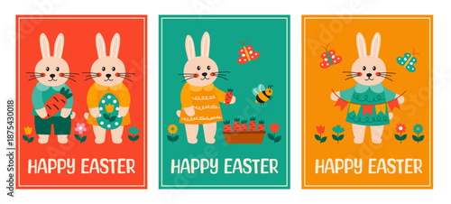 Joyful rabbits celebrate Easter with colorful eggs, flowers, and bright decorations in an outdoor scene during a spring day. Happy Easter cards collection in hand drawn modern folk style.  