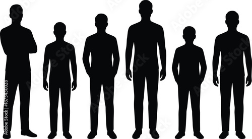 Male silhouette progression, age stages, standing poses, black figures, white background, posture variation, growth concept, vector design, illustration