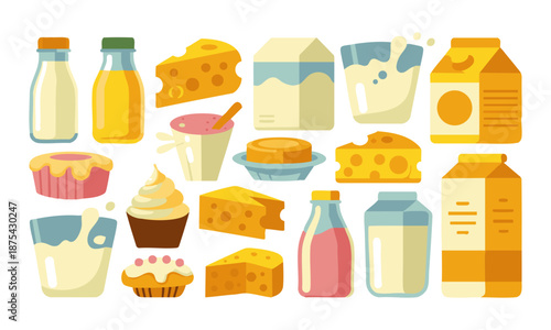 Flat dairy and dessert food icons collection set vector cartoon style, easily editable.