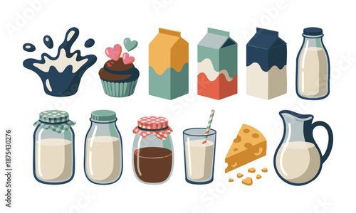 flat cartoon dairy products and dessert icons vector illustration set flat cartoon style, easily editable.