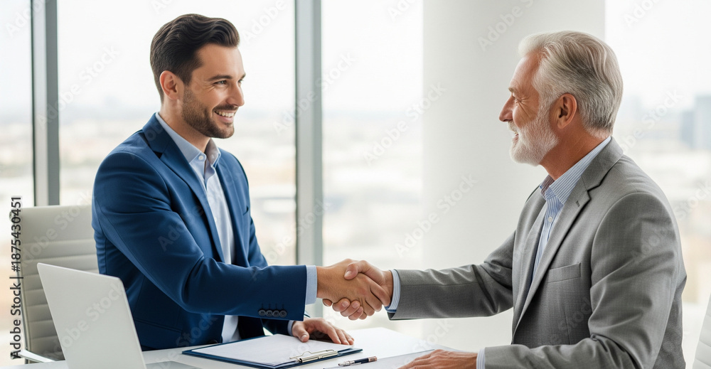 Fototapeta premium Business people shaking hands in office celebrating a successful partnership agreement