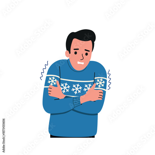 Cold Man Character Feeling Freezing Winter Weather. Vector flat  cartoon illustration