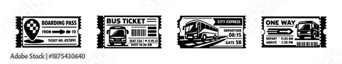 Retro transportation vector icons set: bus, tickets, boarding pass