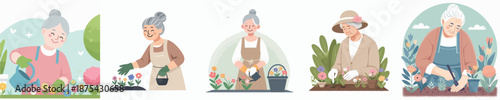 A Elderly Woman Planting Flowers Vector Illustration