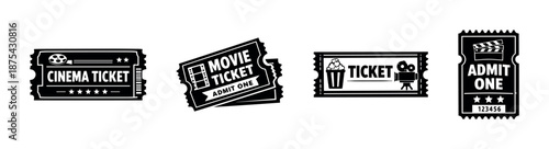 Movie and cinema vector icons set: film, popcorn, admit one, black tickets