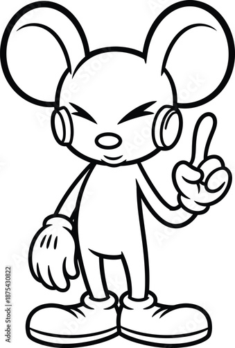 A simple black and white cartoon illustration depicts an anthropomorphic mouse gesturing with a finger pointed upwards showcasing playful defiance