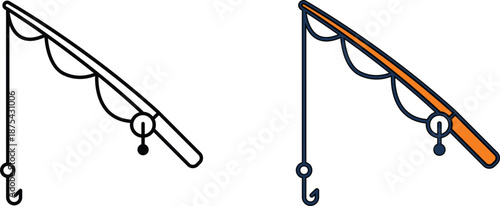 Fishing rod icon black and white illustration of angling equipment with hook and reel, vector design for sport and outdoor activities.