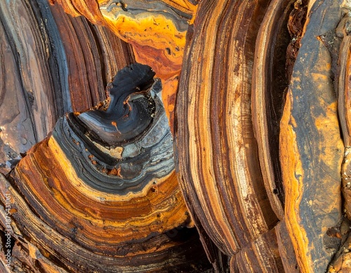 Multicolored geological rock strata; orange, brown, gray, and black swirled patterns