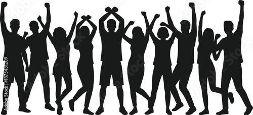 Silhouette group celebration, expressive poses, raised arms, unity gesture, black figures, white background, protest icon, vector illustration, design