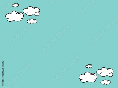 Whimsical hand-drawn white cartoon clouds scattered across a clear, bright pastel blue sky, providing a playful and serene background or decorative frame for various design and creative projects