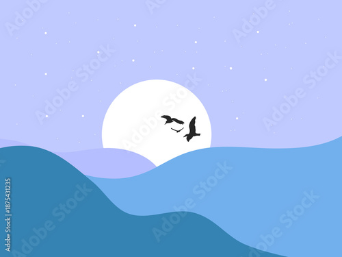 A tranquil minimalist illustration of two graceful birds soaring across a serene night sky, illuminated by a large full moon above rolling waves