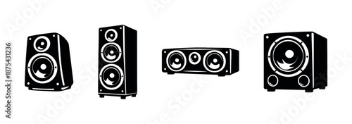 Audio equipment vector icons set: speaker, subwoofer, stereo