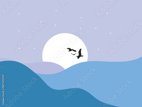 A tranquil minimalist illustration of two graceful birds soaring across a serene night sky, illuminated by a large full moon above rolling waves