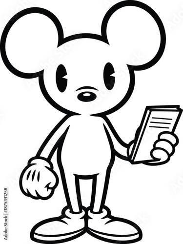A charming black and white illustration depicts a stylized cartoon mouse holding a small book presenting a whimsical and artistic design