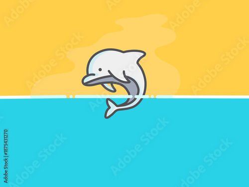 Minimalist flat design illustration of a cheerful dolphin joyfully leaping from the clear blue ocean, capturing the vibrant spirit of marine life and aquatic freedom