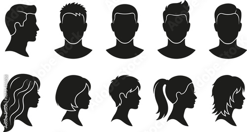 Silhouette head profiles, male and female hairstyles, avatar icons, black figures, white background, vector illustration, design element