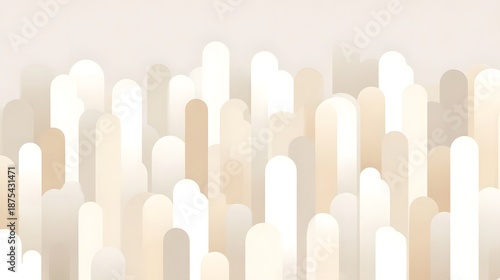 Minimalist abstract background featuring diverse layered rounded shapes in delicate beige cream and white hues creating a sense of organic growth and visual serenity