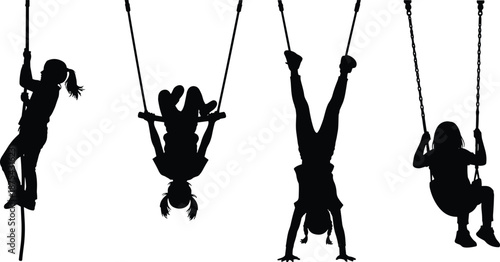 Silhouette of active children playing on ropes and swings at playground, showcasing fun physical activity and outdoor childhood movement scene
