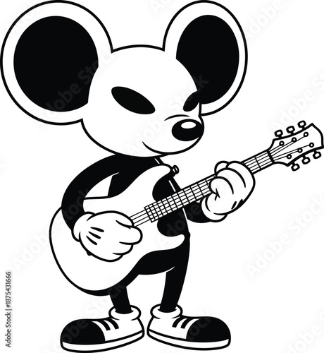 a black and white illustration depicts a cartoon mouse playing an electric guitar with a cheerful expression showcasing musical talent
