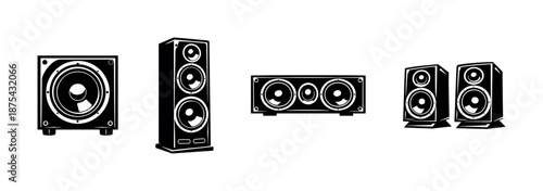 Audio speaker vector icons set: flat, black, sound system equipment symbols