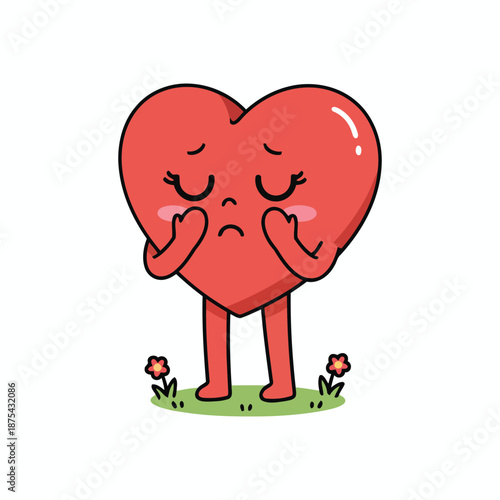 Shy Heart Vector Illustration, Blushing Heart with Hands on Face