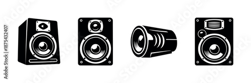 Audio equipment vector icons set: speakers, loudspeakers, sound, music symbols
