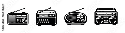 Radio vector icons set: retro, vintage, old school gadgets for classic style decor