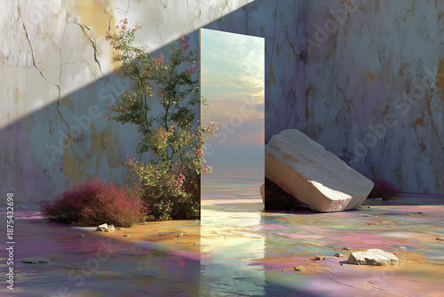 A futuristic, transparent mirror stands in an empty, abstract space