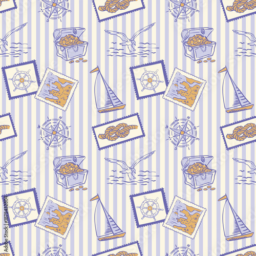 Adventure seamless nautical pattern with sailboat, steering wheel, treasure chest and seagull. Stamps with a nautical knot and a treasure map on a striped background. Blue and yellow trendy colors.