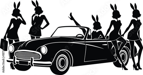 Retro bunny girls posing with classic convertible car in vintage silhouette style, glamour fashion concept for party and lifestyle themes