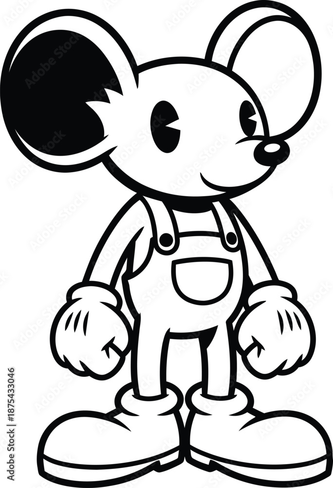 Obraz premium a charming black and white illustration depicts a cartoon mouse character wearing overalls and large shoes a playful design high quality