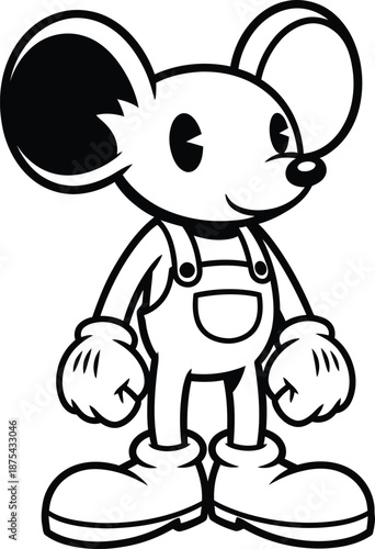 a charming black and white illustration depicts a cartoon mouse character wearing overalls and large shoes a playful design high quality