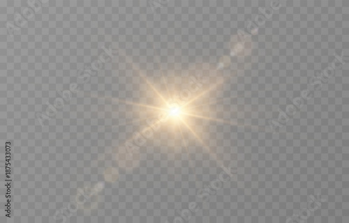 Vector realistic light PNG. Sun with rays and glare PNG. Sunlight or dawn on transparent background. Golden light.