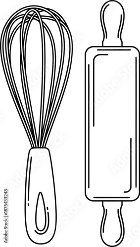 Simple line art illustration featuring a classic wire whisk and a traditional rolling pin symbolizing baking preparation and culinary tools isolated on white.