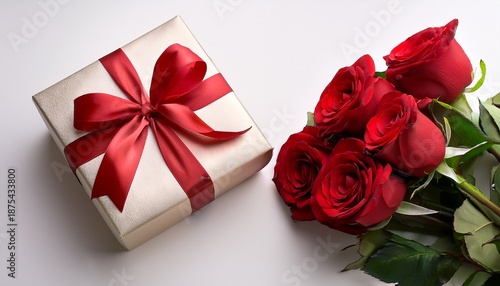 a beautifully wrapped gift box with a red ribbon beside a bouquet of red roses on a soft white background