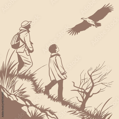 Hiking couple child bird mountain trail nature adventure scene with hiker parent and kid watching flying eagle together