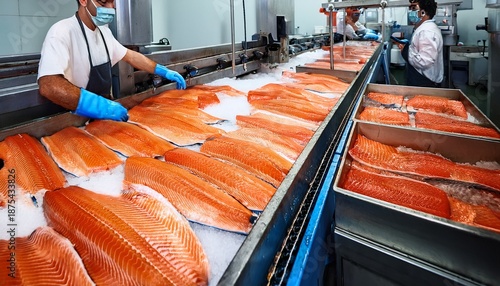 freshly caught salmon being processed at a fish factory