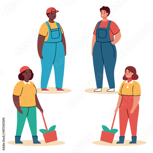 Diverse people gardener teamwork illustration vector, standing character plant background