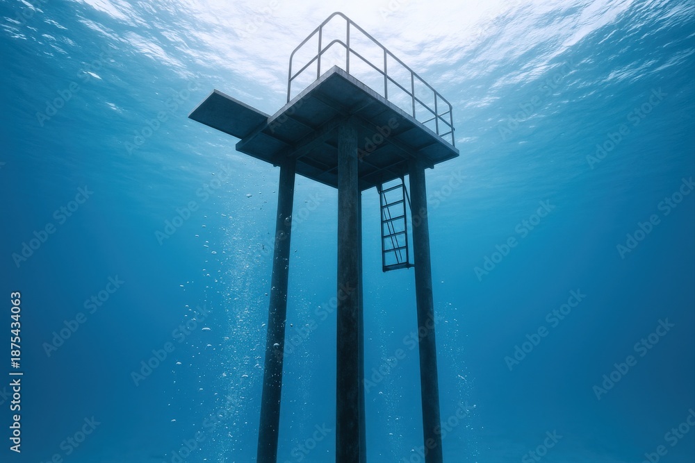 Obraz premium Underwater Diving Platform in Deep Blue Sea: Aquatic Recreation and Marine Exploration